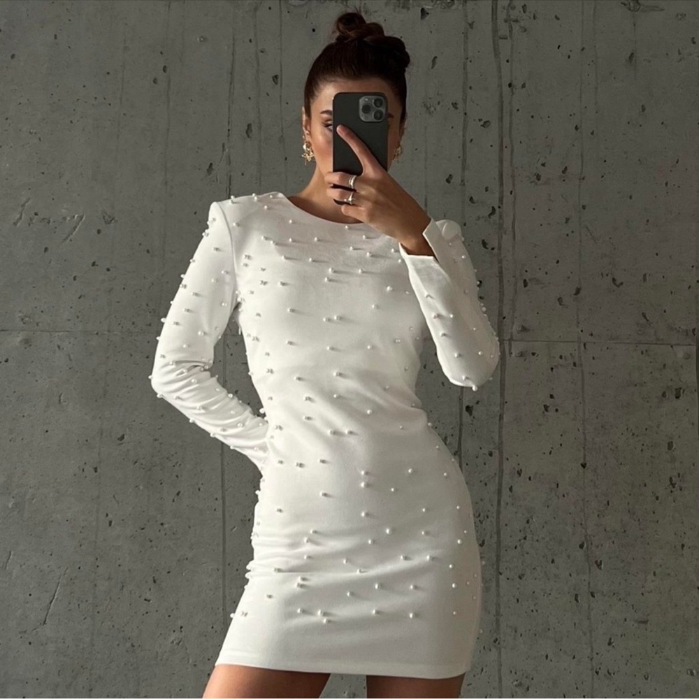 pearl embellished cream, mini dress  - C